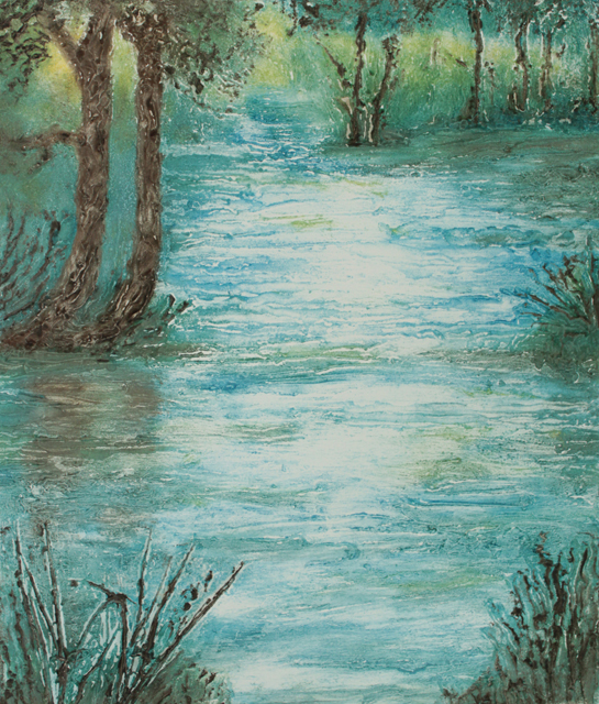 Life is but a Dream, Kathleen Thoma Art, collagraph, 17x14.5 A quiet stream meanders though a forest