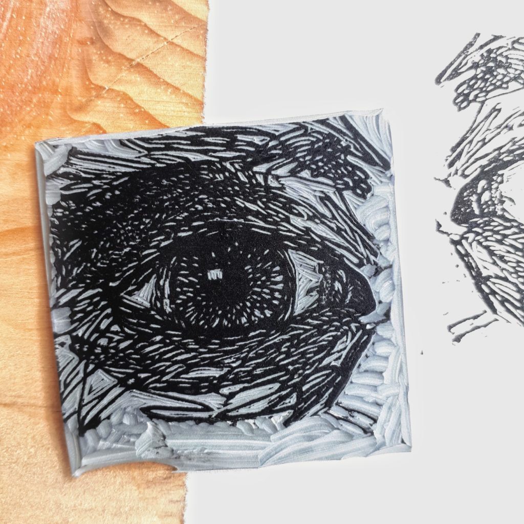 lino plate carved with sketch of eye