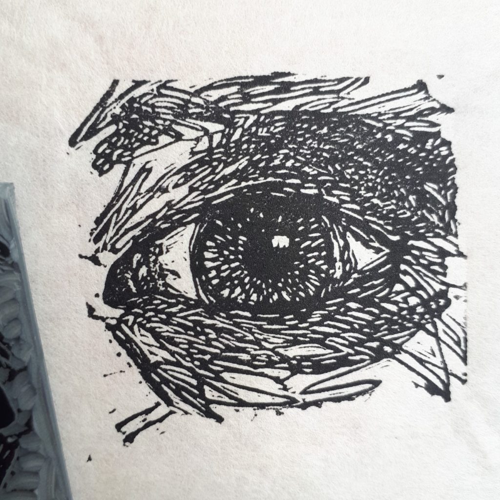 lino print of a sketch of an eye