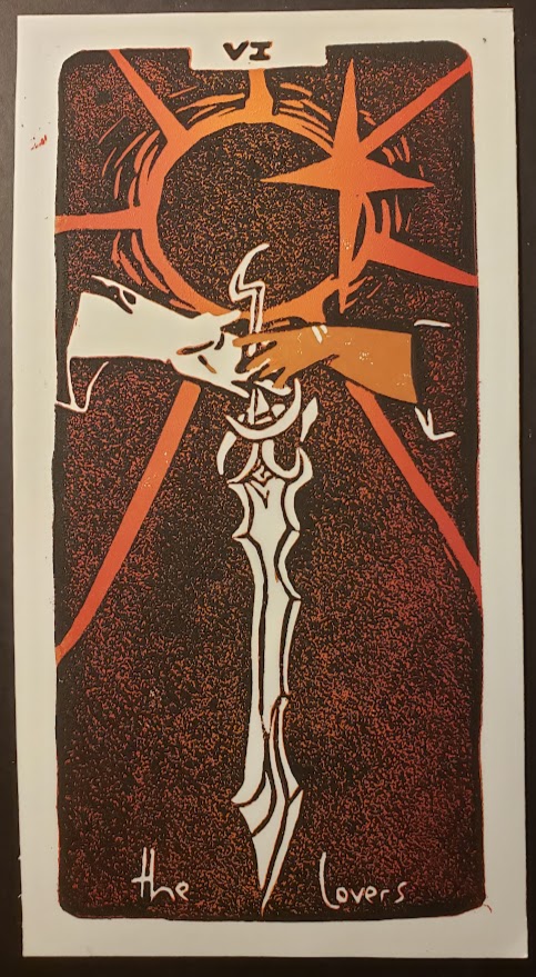 A four color print in 2:1 ratio, It is The Lovers tarot card, depicting 2 hands reaching for a sword, with a yellow and red solar eclipse in the background,