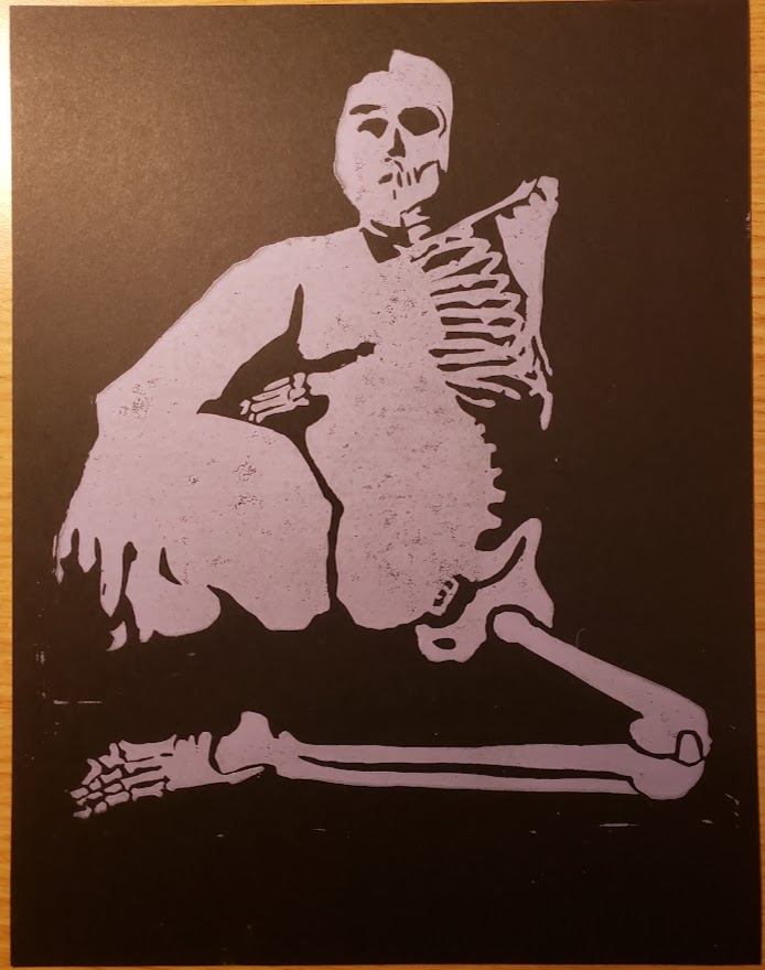 A single color print in light purple on black paper of a figure posed casually, split down the middle, half skeletal.