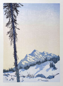 Read more about the article Tall Pine linocut – transparent washes and sketchy lines